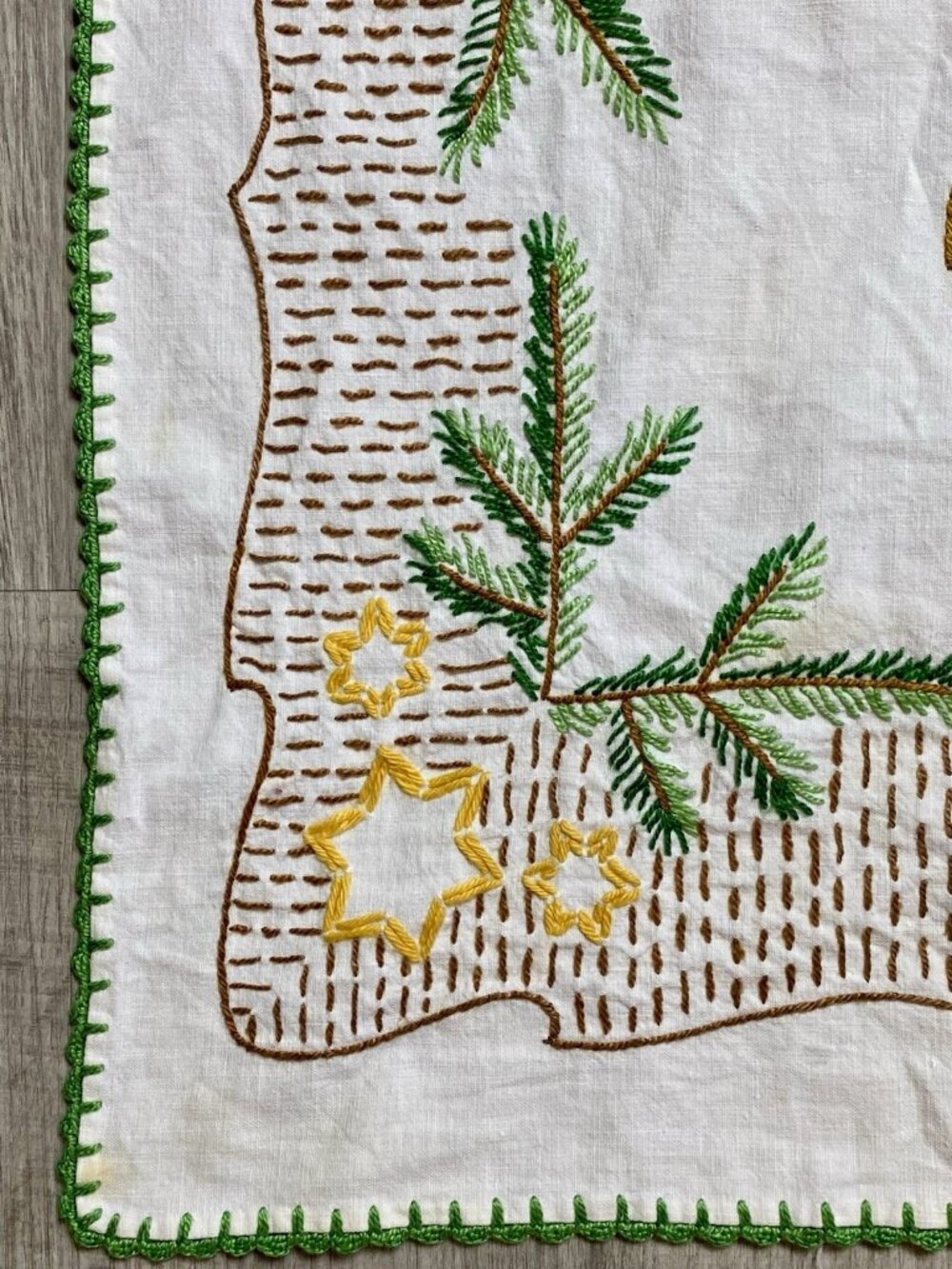 Vintage Embroidered Square Holiday Tablecloth Green Pine Gold Stars Handmade 30”